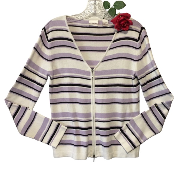 VTG Cardigan Full zip V-neck striped CC Hughes cotton blend Lavender whi… - Picture 1 of 12